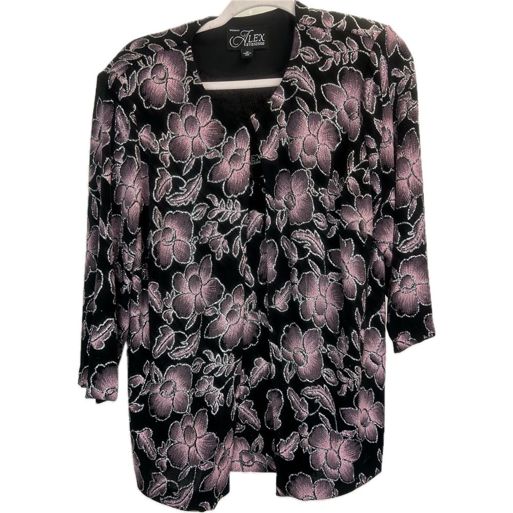Alex Evenings Glitter Floral Twin Set Sleeveless Tank Top & Open Front Jacket